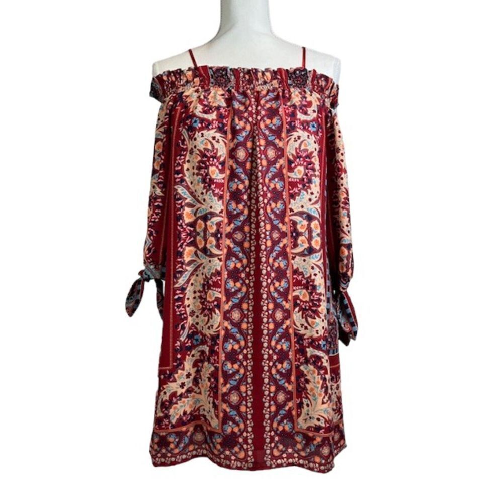 City Triangles Off the Shoulder‎ Boho Dress Tie Sleeve Rust Medium